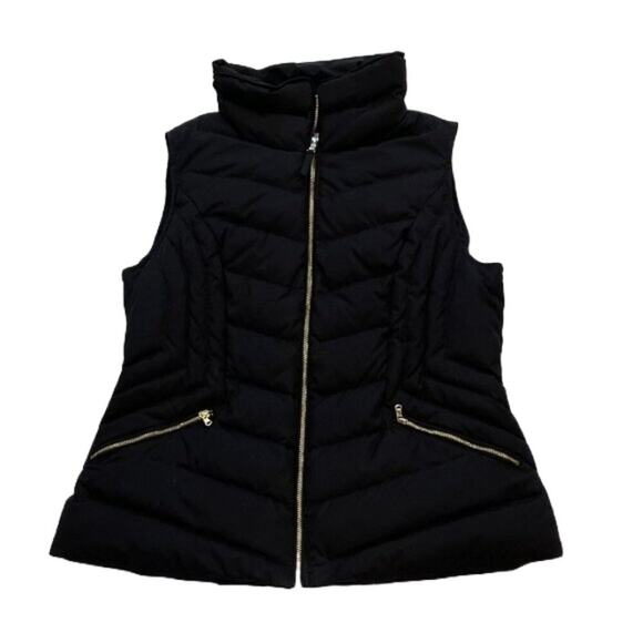Talbots Black Quilted Down Filled Puffer Vest Gold Zipper, Pockets, Size MP - Picture 1 of 15